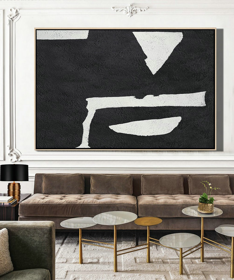 Extra Large Artwork,Hand Painted Oversized Horizontal Minimal Art On Canvas, Black And White Minimalist Painting - Large Abstract Wall Art